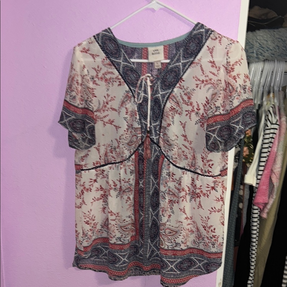 Knox Rose Pink Tan Short Sleeve Tie Front Blouse